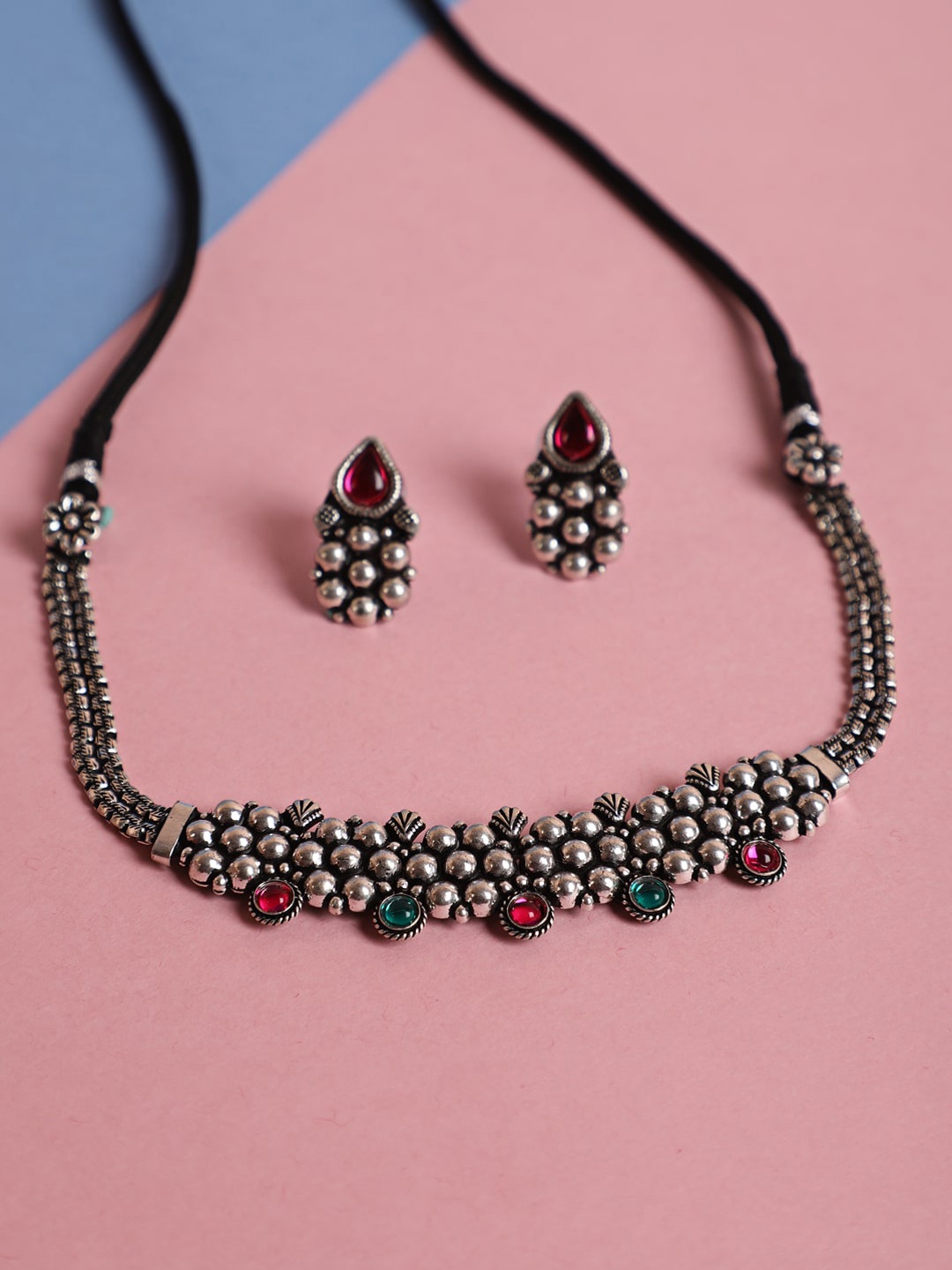 

Jazz and Sizzle Oxidised Silver-Plated Pink & Green Stone-Studded Jewellery Set