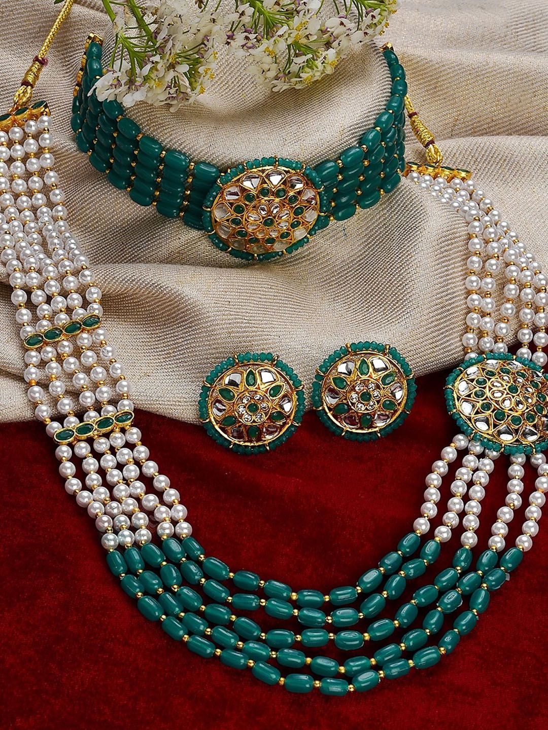 

Jazz and Sizzle Gold-Plated Sea Green & White Jewellery Set