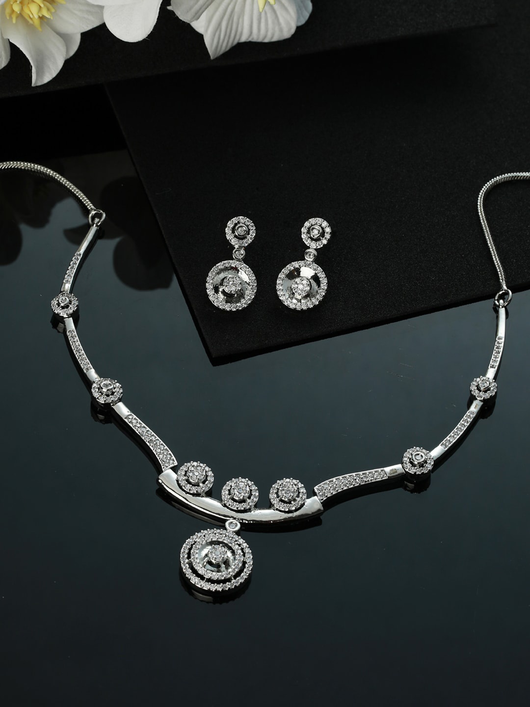 

Jazz and Sizzle Silver-Plated White AD & CZ Studded Jewellery Set