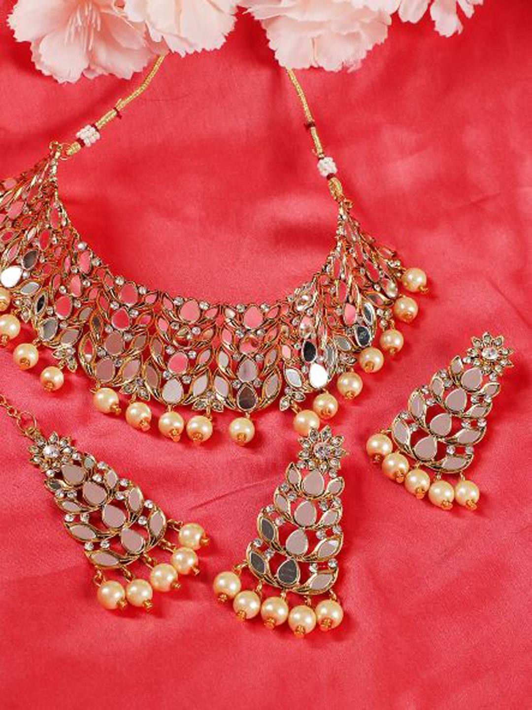 

Jazz and Sizzle Gold-Plated White Mirror Studded & Pearl Beaded Jewellery Set