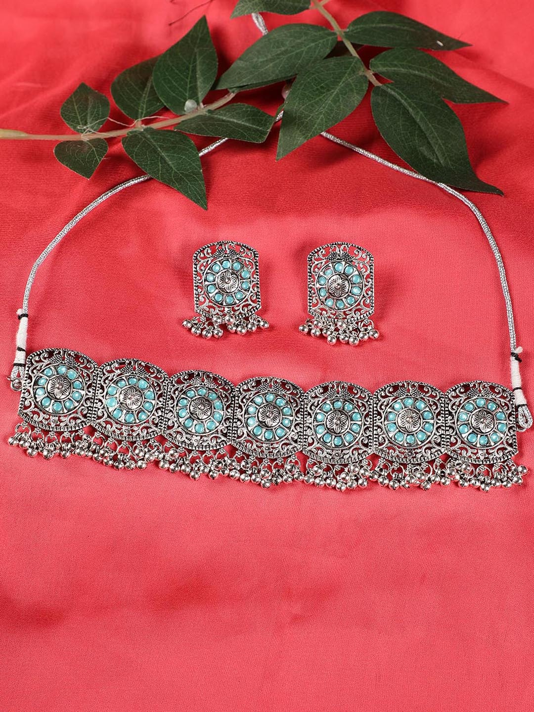 

Jazz and Sizzle Silver-Plated & Blue Stone Studded Choker Jewellery Set