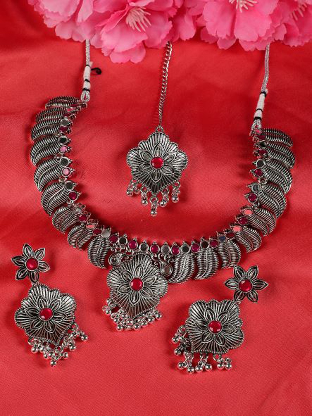 

Jazz and Sizzle Oxidised Silver-Plated Silver-Toned Stone Studded Jewellery Set