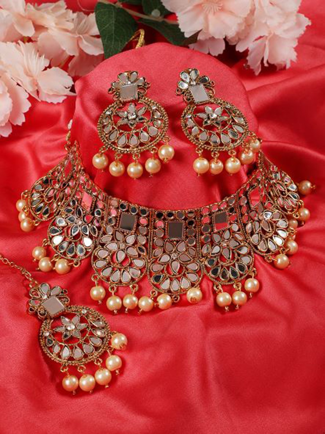 

Jazz and Sizzle Gold-Plated White & Cream Colored Mirror-Studded & Pearls Beaded Jewellery Set