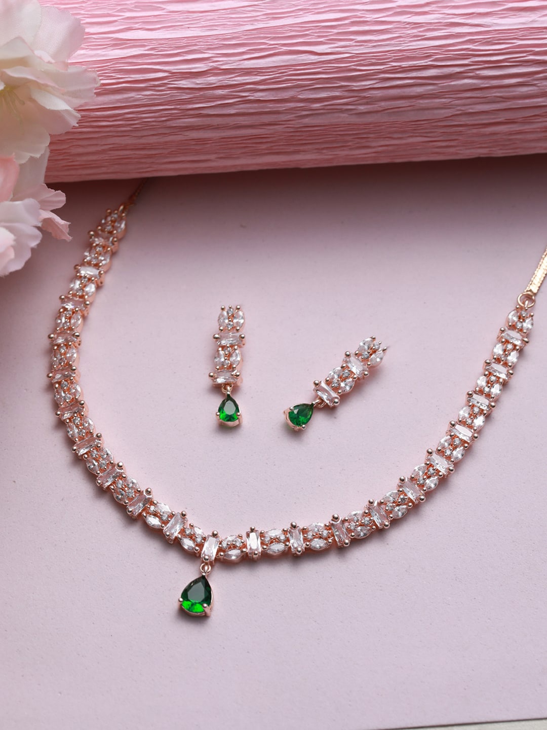 

Jazz and Sizzle Rose Gold-Plated Green & White AD StuddedJewellery Set