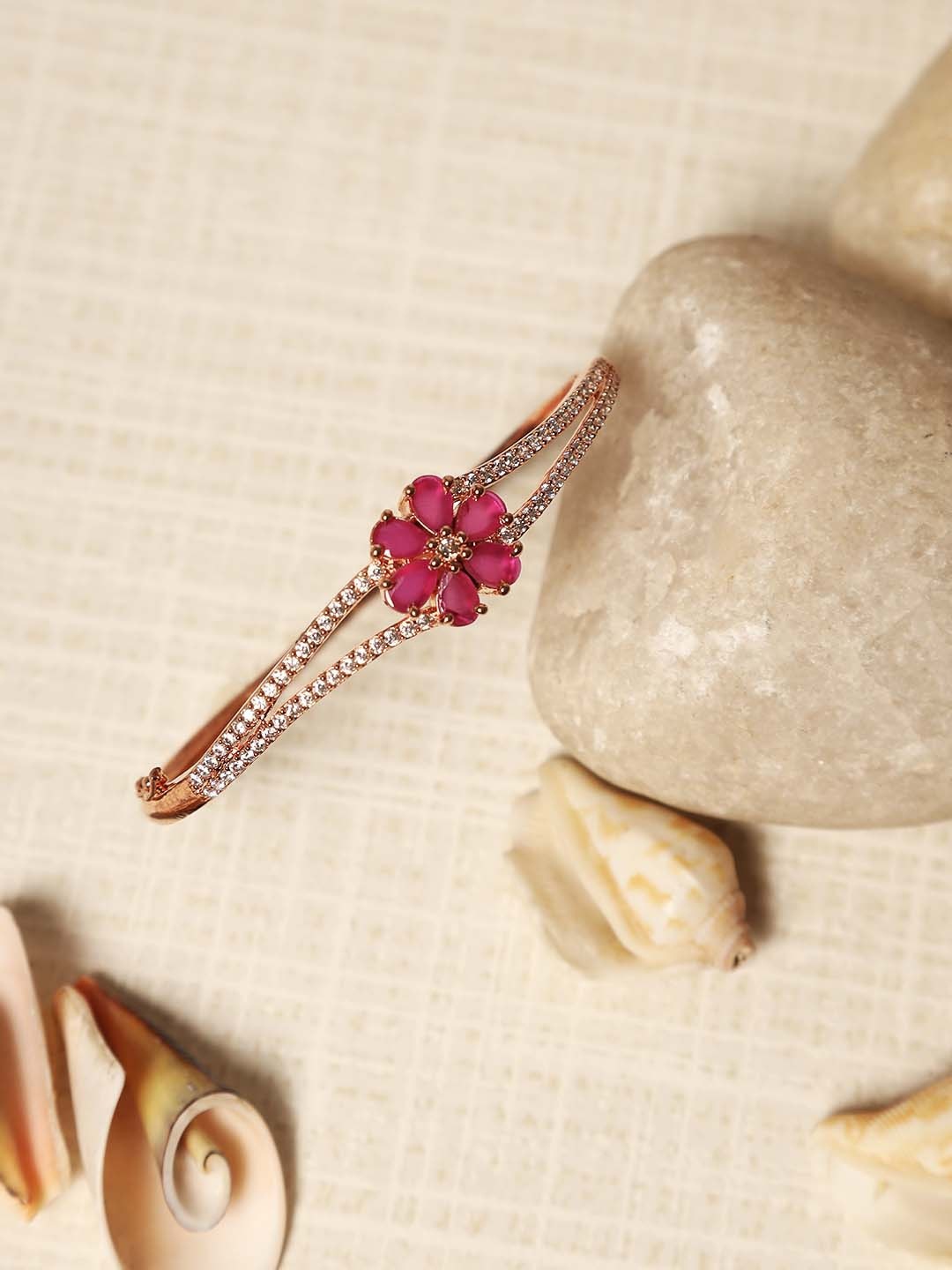 

Jazz and Sizzle Women Rose Gold-Plated American Diamond & Ruby Studded Bracelet