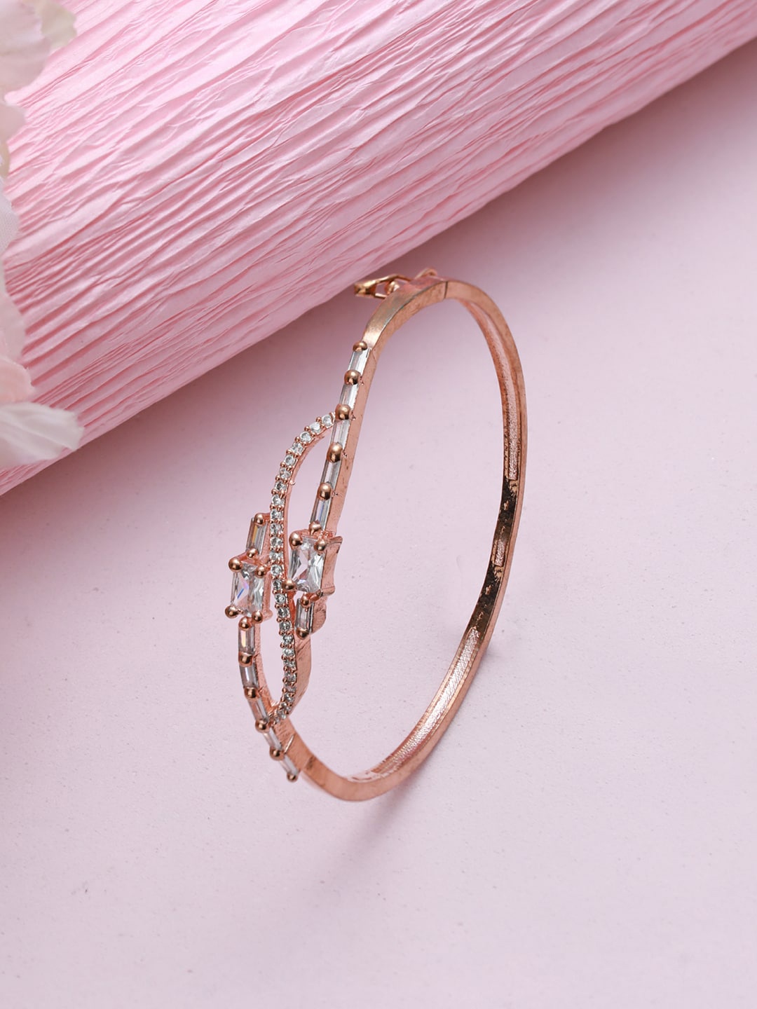 

Jazz and Sizzle Women Rose Gold & White Brass American Diamond Handcrafted Rose Gold-Plated Bangle-Style Bracelet