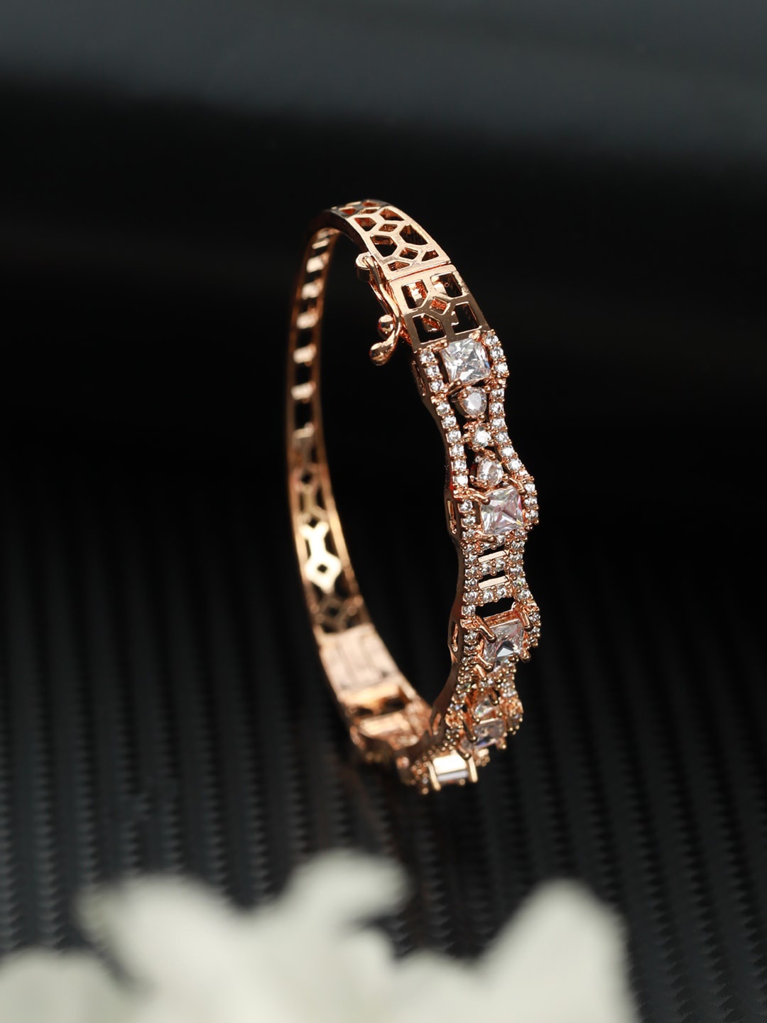 

Jazz and Sizzle Women Brass American Diamond Handcrafted Rose Gold-Plated Bracelet