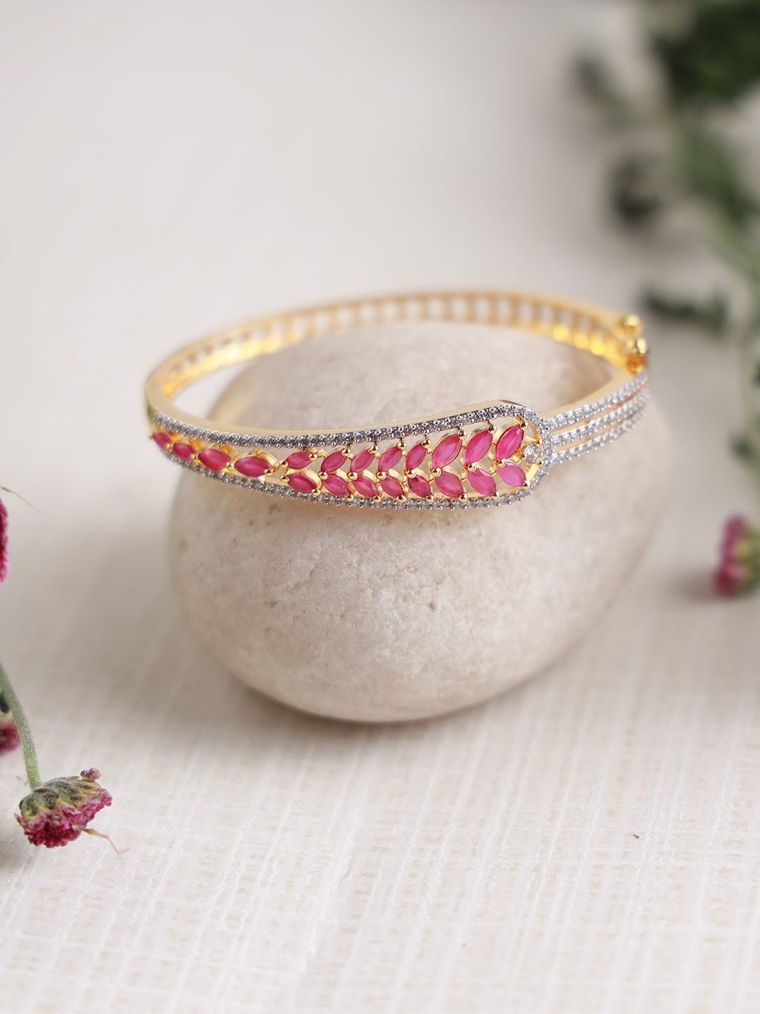 

Jazz and Sizzle Women Pink Brass American Diamond Gold-Plated Kada Bracelet