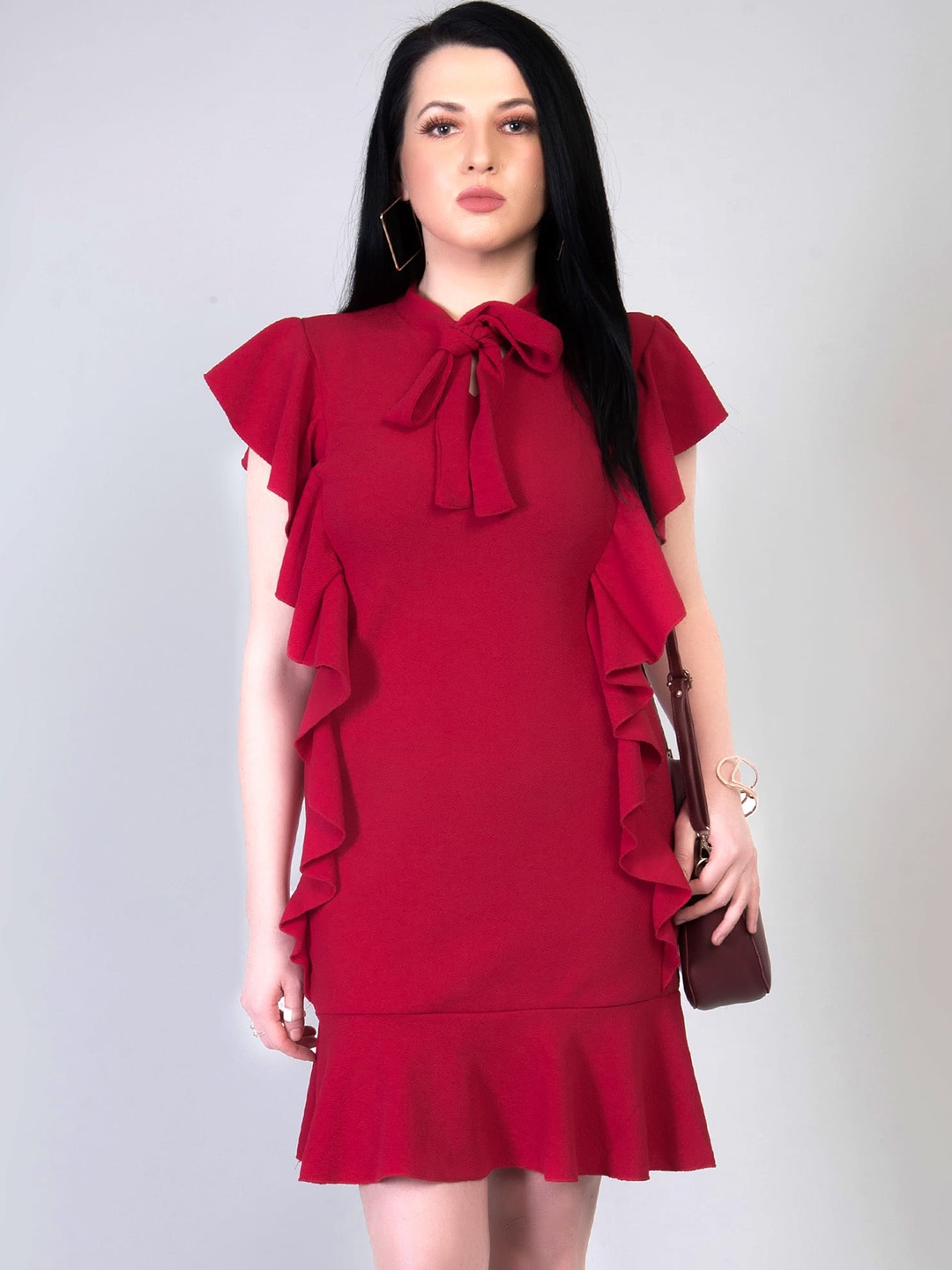 

ADDYVERO Red Tie-Up Neck Sheath Dress