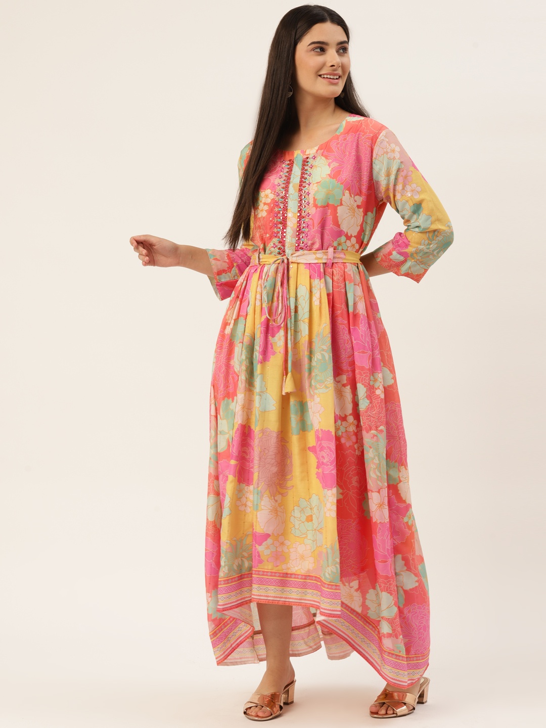 

DIVYANK Pink & Green Floral Maxi Dress