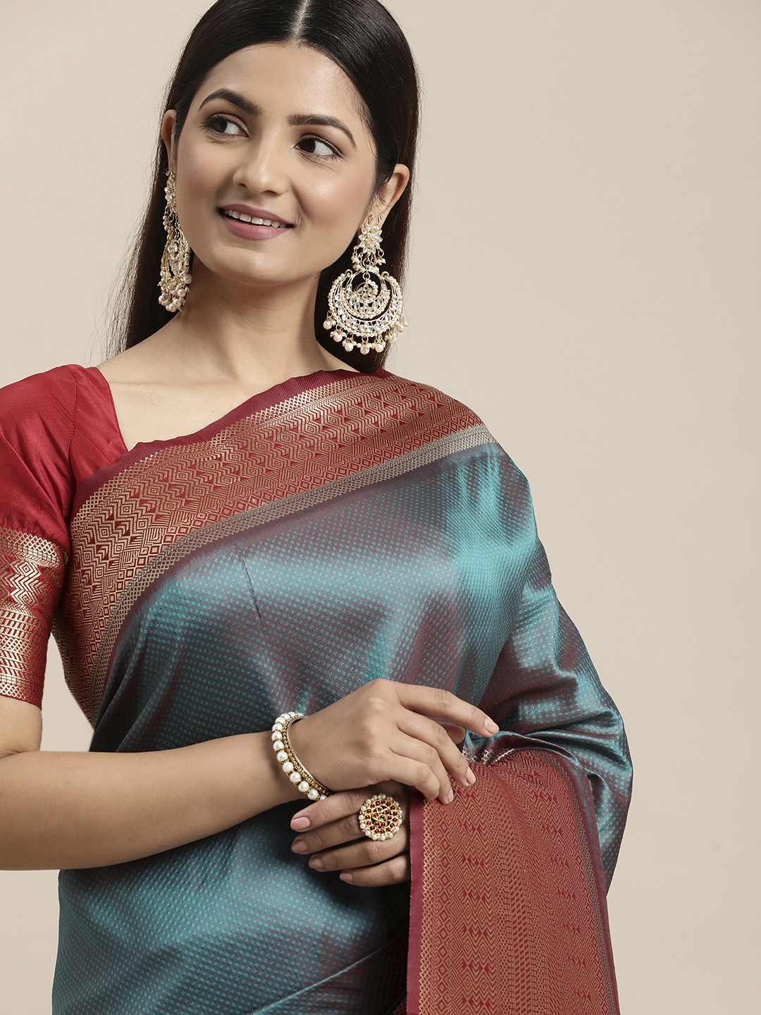 

LOOKNBOOK ART Teal Blue & Red Woven Design Zari Silk Blend Saree with Blouse