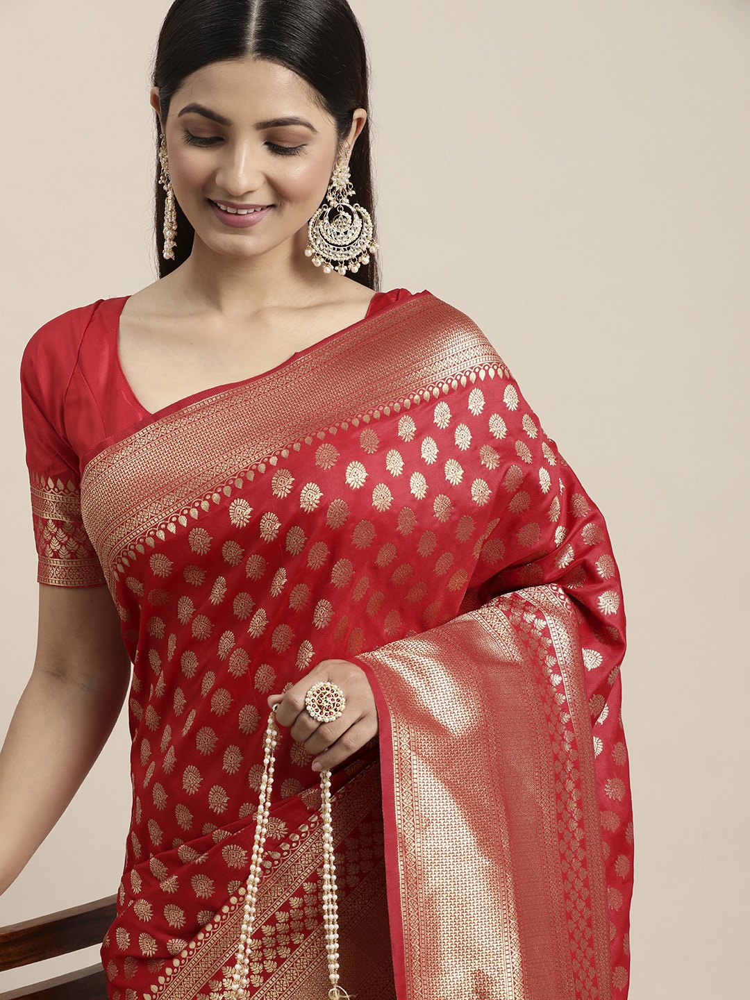 

LOOKNBOOK ART Red & Golden Woven Design Zari Silk Blend Saree with Blouse