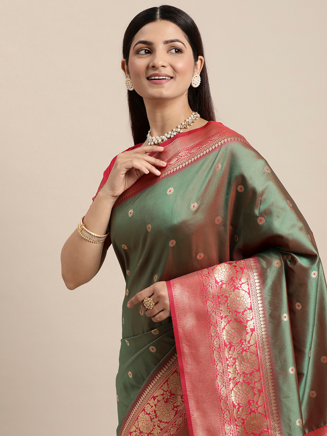 

LOOKNBOOK ART Green & Pink Woven Design Zari Silk Blend Saree with Blouse