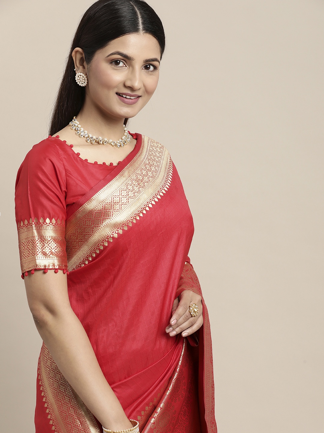 

LOOKNBOOK ART Red Woven Design Zari Silk Blend Saree with Blouse