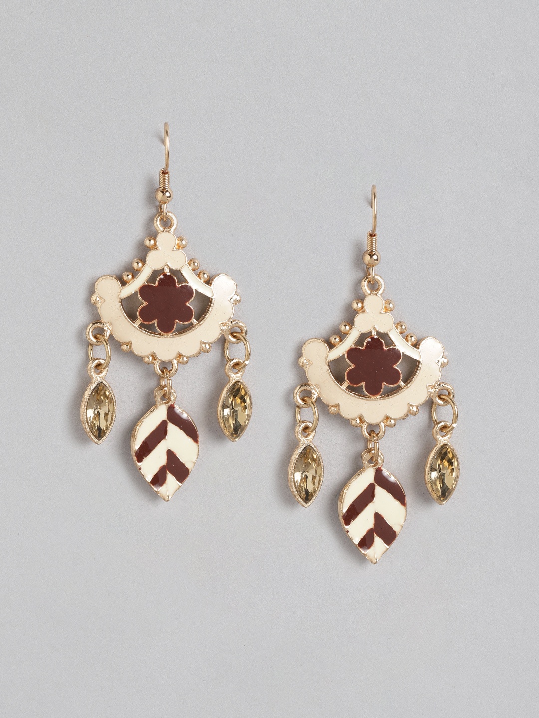 

RICHEERA Beige & Brown Classic Stone Studded Drop Earrings