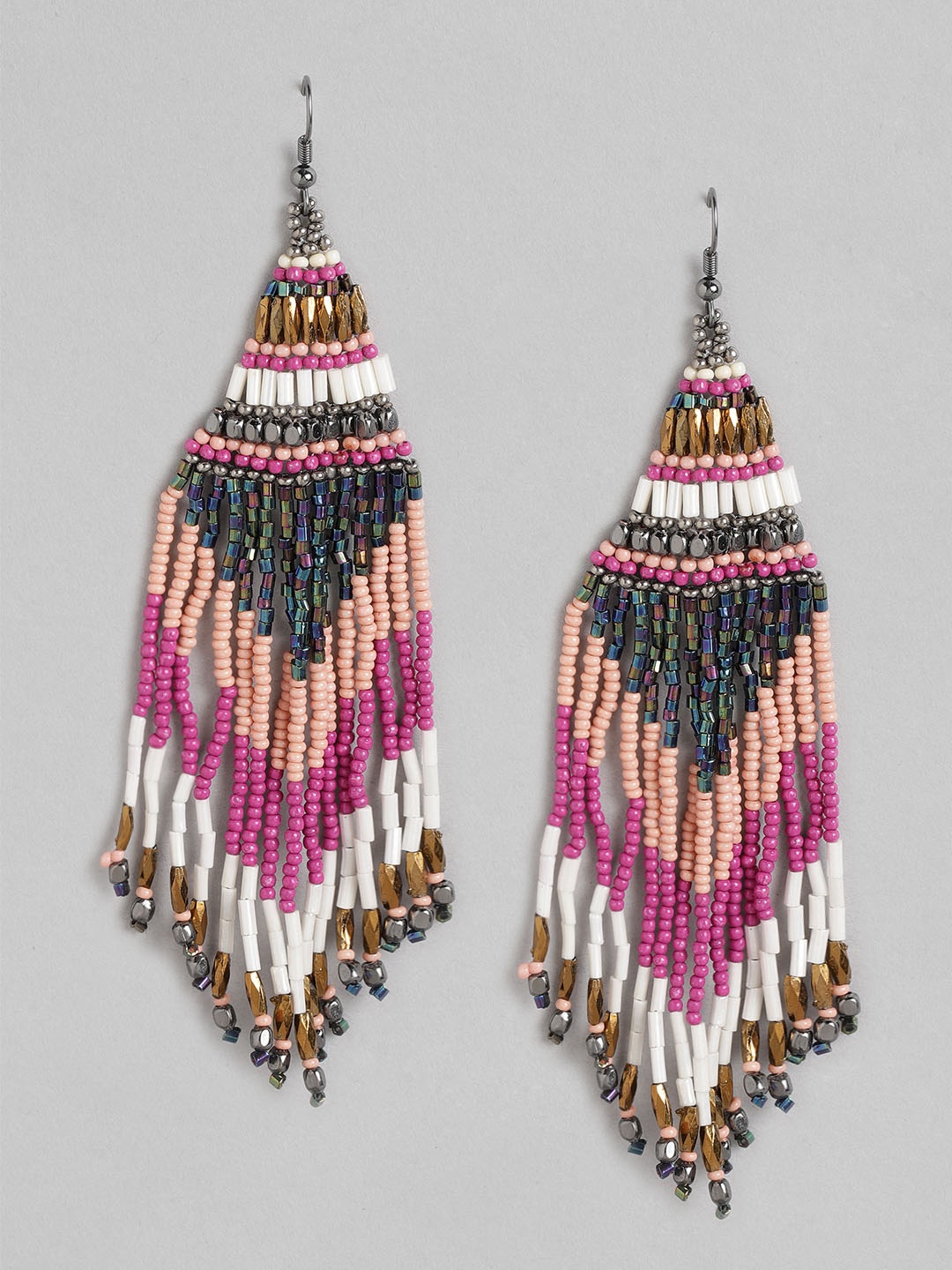 

RICHEERA Pink & Peach-Coloured Beaded Contemporary Drop Earrings