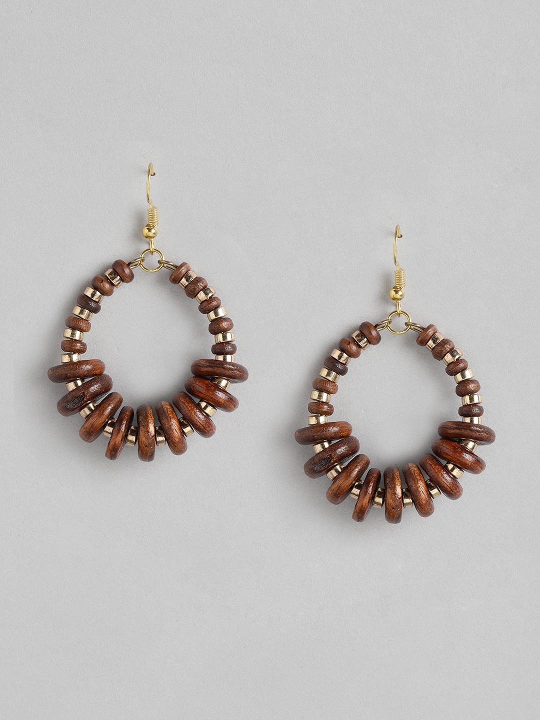 

RICHEERA Brown & Gold-Toned Beaded Oval Drop Earrings