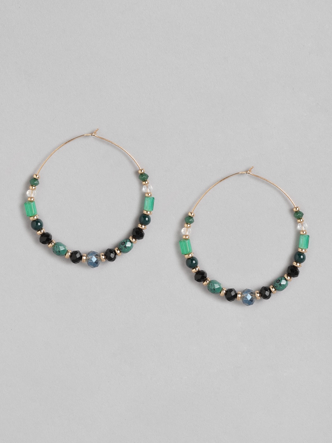 

RICHEERA Green & Black Circular Beaded Hoop Earrings