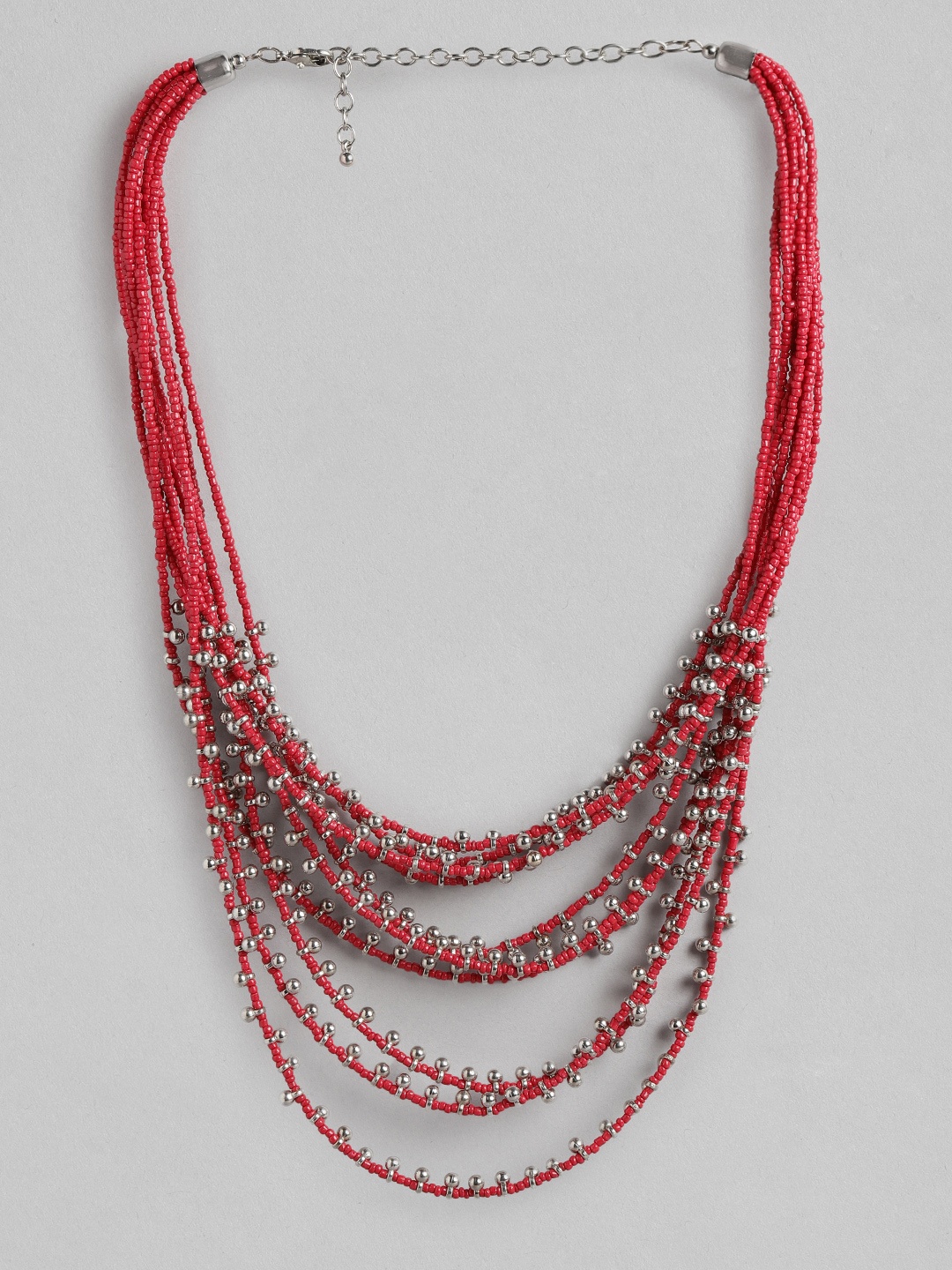 

RICHEERA Red & Silver-Toned Beaded Necklace