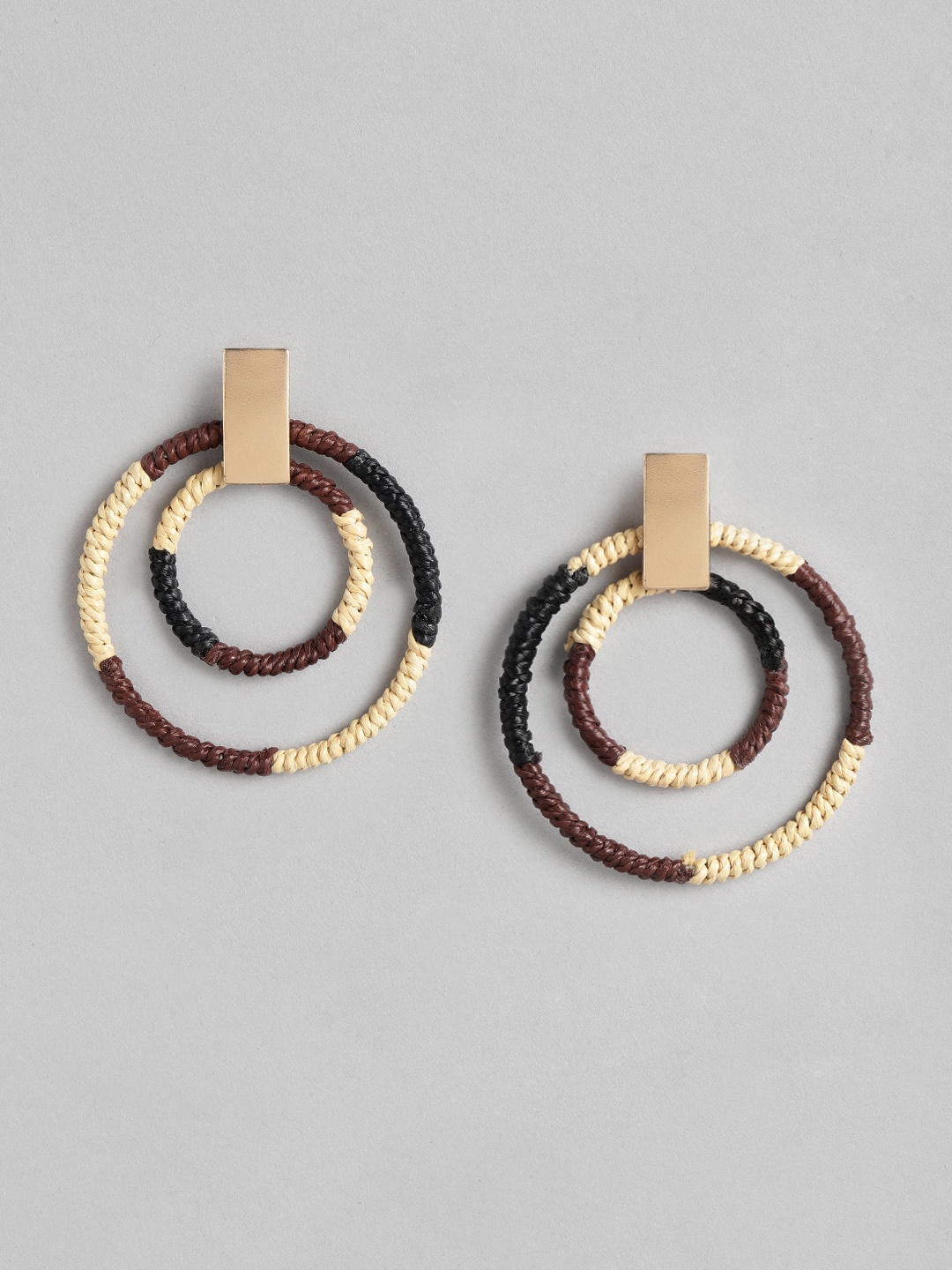 

RICHEERA Brown & Beige Circular Beaded Drop Earrings