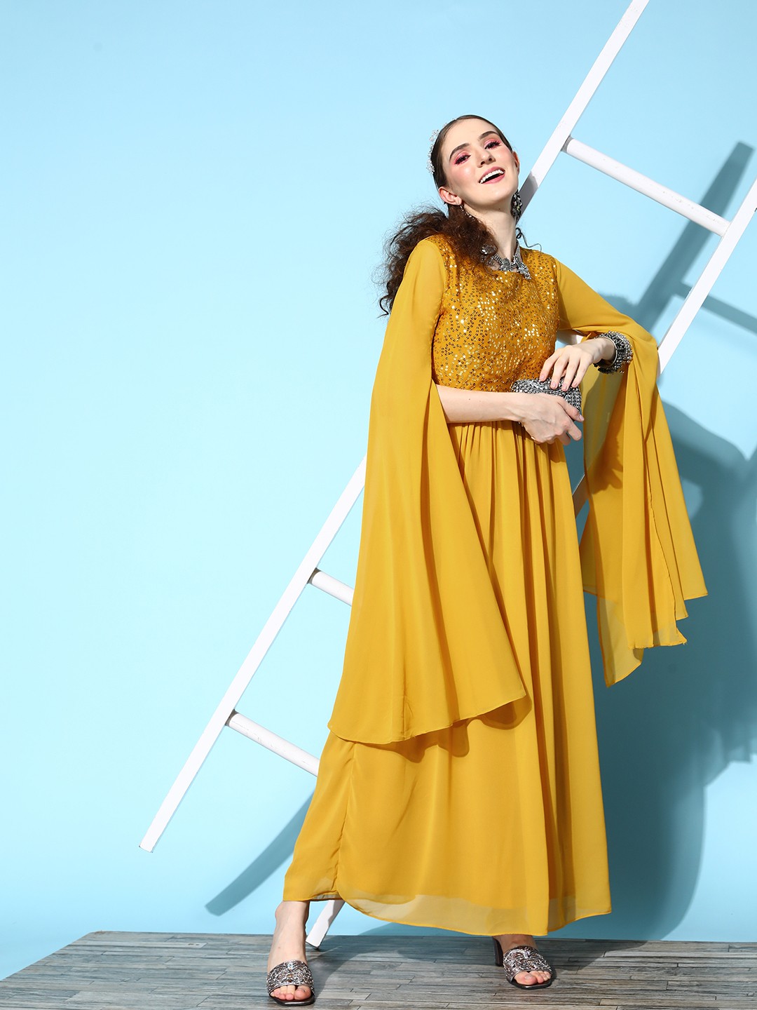 

Tikhi Imli Women Stylish Mustard Polyester Shimmer & Sequin Ethnic Dress