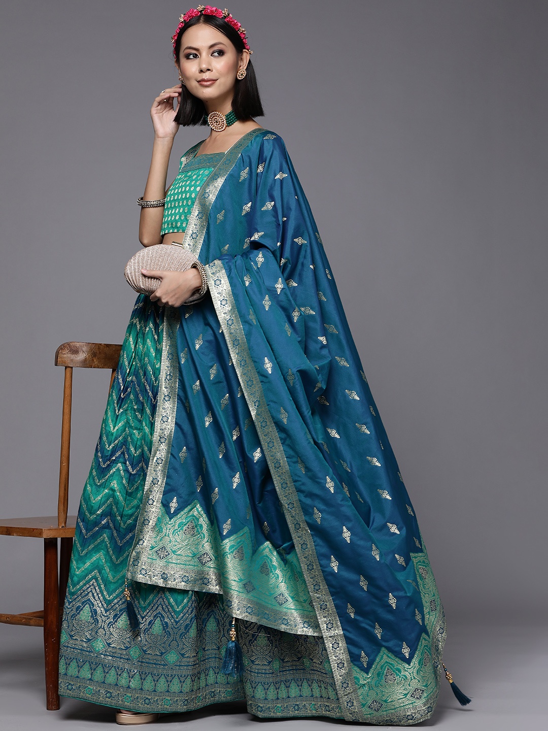 

Mitera Sea Green & Blue Semi-Stitched Lehenga & Unstitched Blouse With Dupatta
