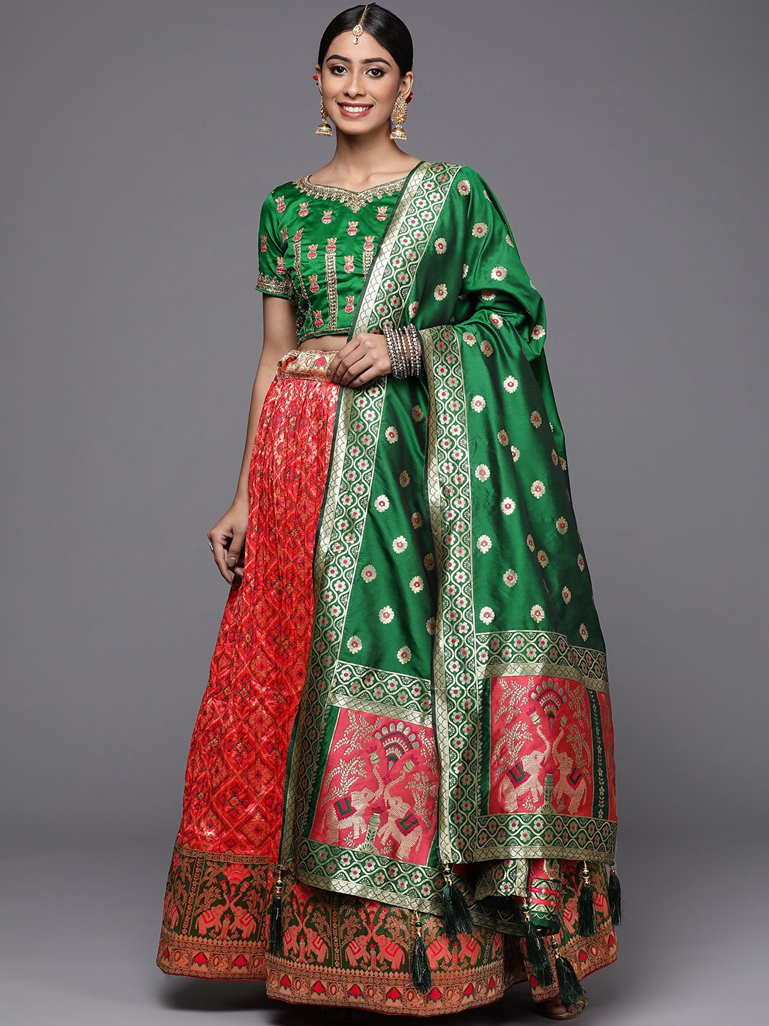 

Mitera Red & Green Semi-Stitched Lehenga & Unstitched Blouse With Dupatta