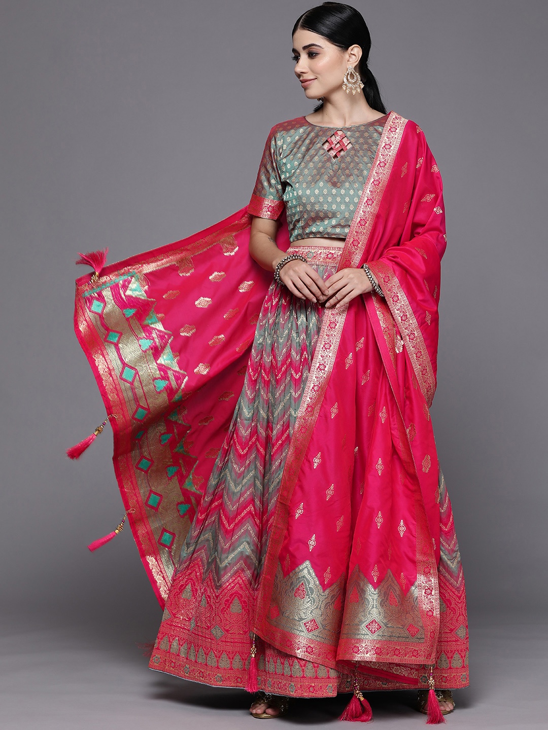 

Mitera Grey & Pink Semi-Stitched Lehenga & Unstitched Blouse With Dupatta