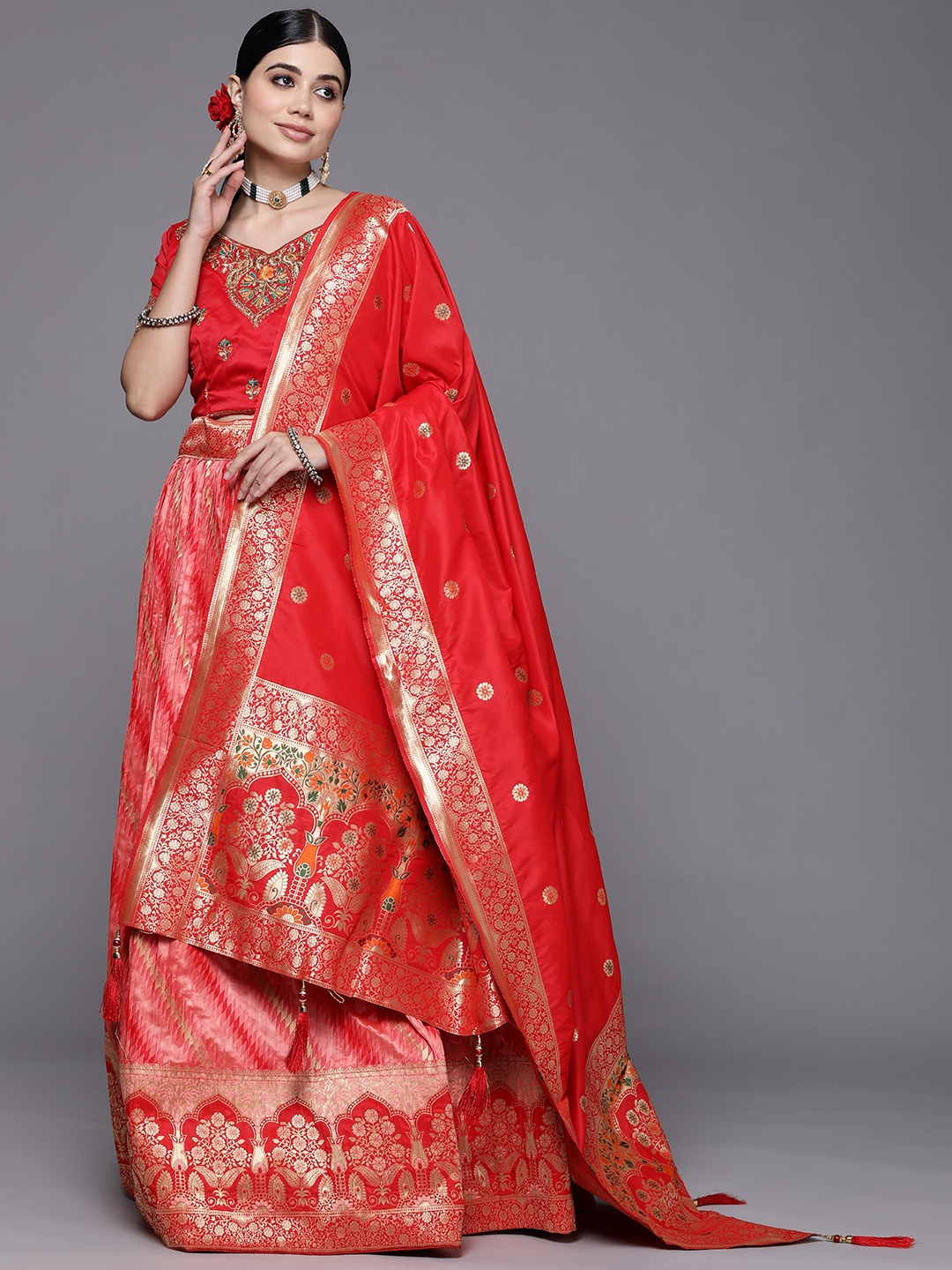 

Mitera Red & Pink Semi-Stitched Lehenga & Unstitched Blouse With Dupatta