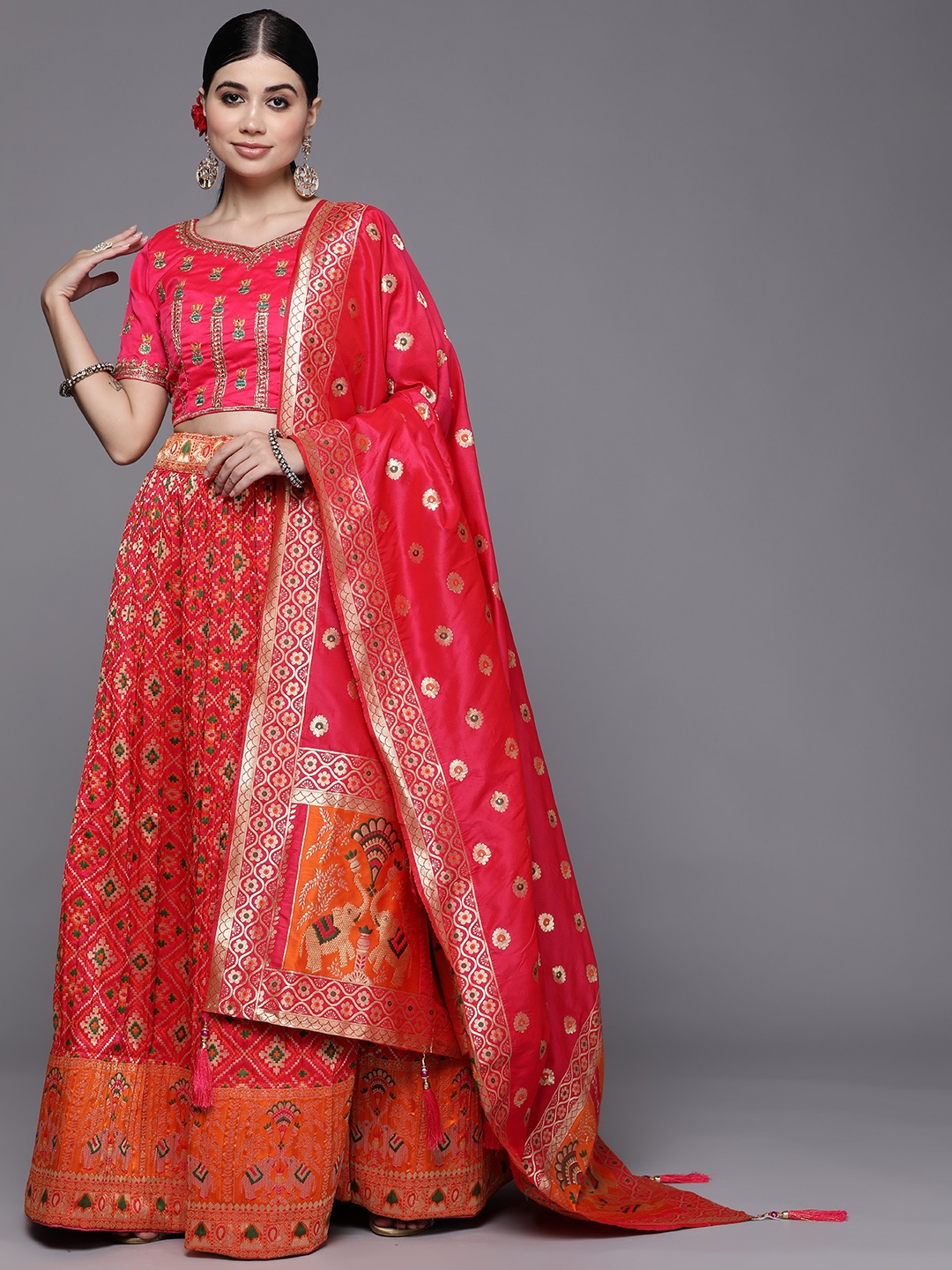

Mitera Pink & Red Semi-Stitched Lehenga & Unstitched Blouse With Dupatta
