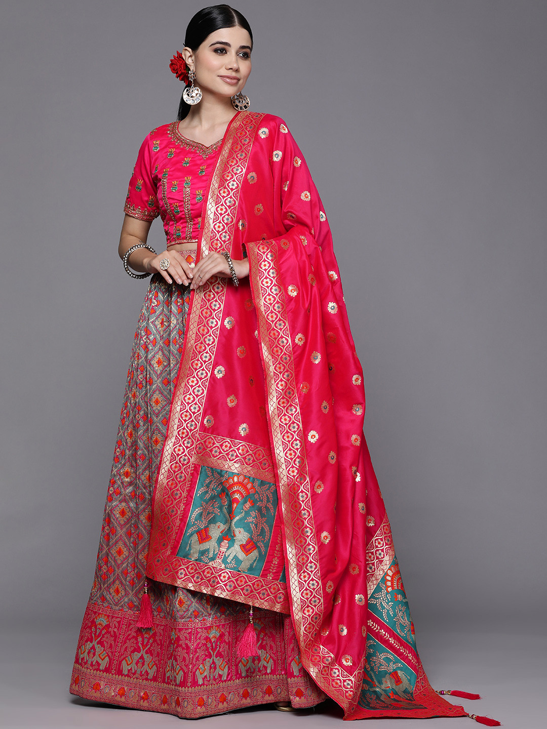

Mitera Grey & Pink Semi-Stitched Lehenga & Unstitched Blouse With Dupatta