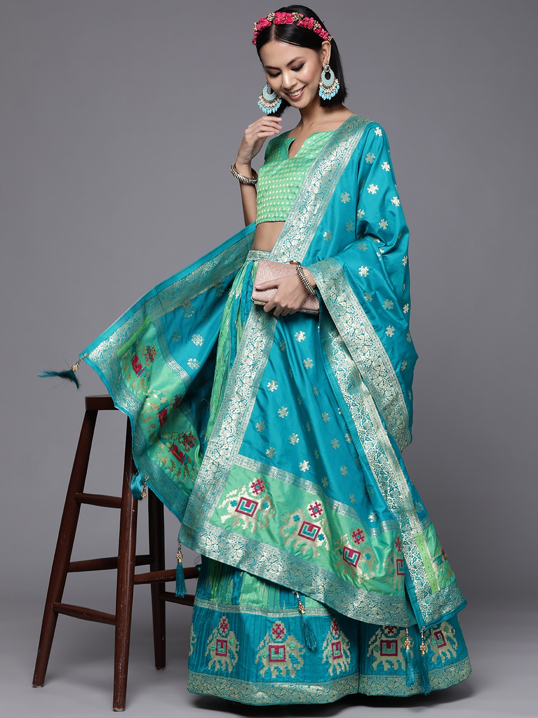 

Mitera Green & Blue Semi-Stitched Lehenga & Unstitched Blouse With Dupatta