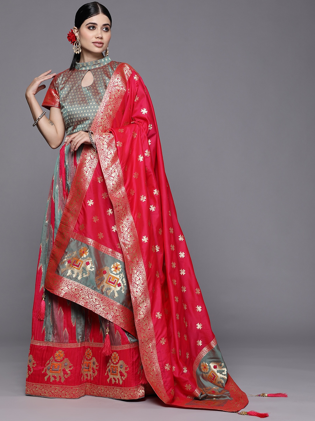 

Mitera Grey & Pink Semi-Stitched Lehenga & Unstitched Blouse With Dupatta