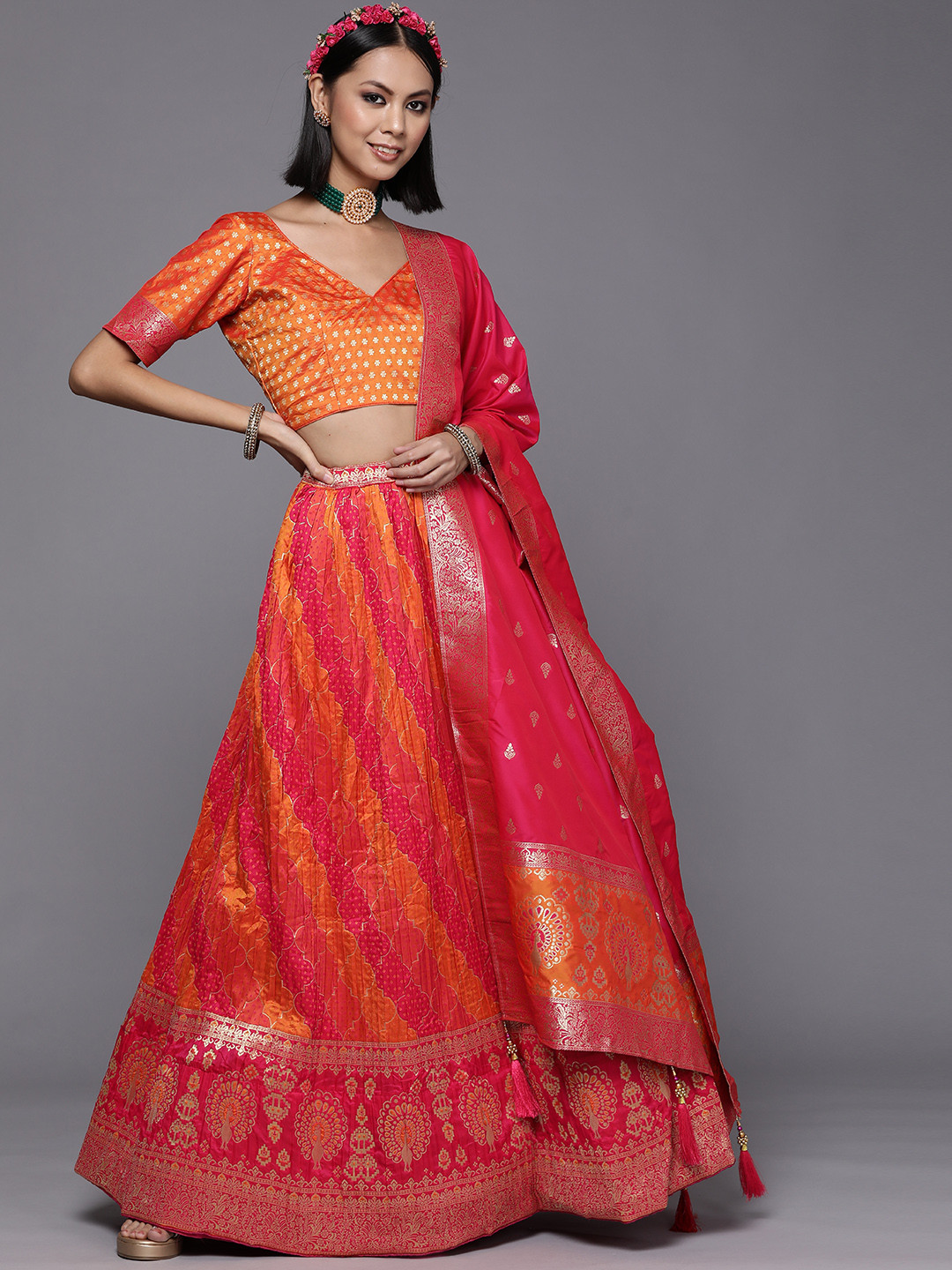 

Mitera Orange & Pink Kalamkari Semi-Stitched Lehenga & Unstitched Blouse With Dupatta