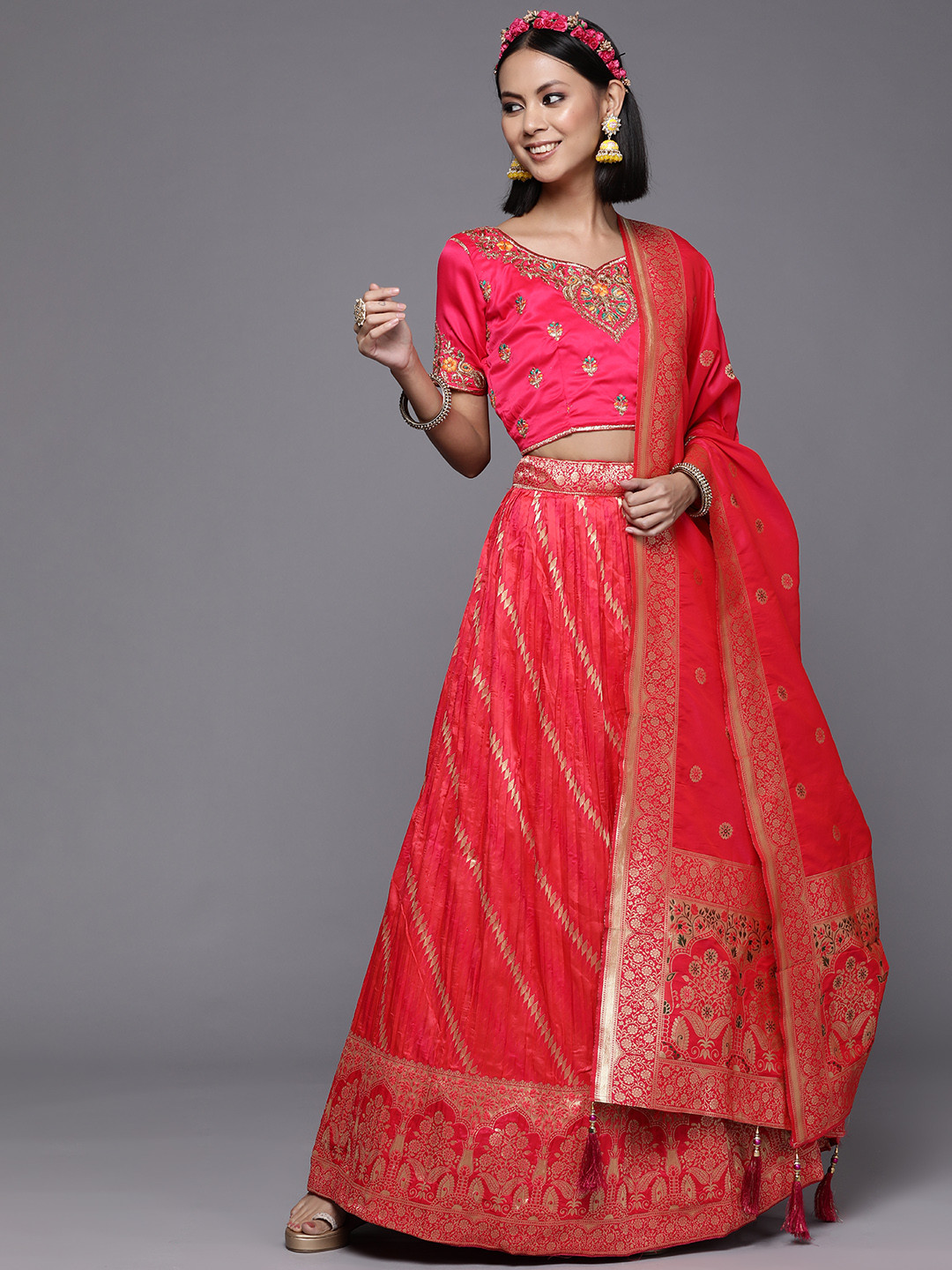 

Mitera Red & Gold-Toned Semi-Stitched Lehenga & Unstitched Blouse With Dupatta