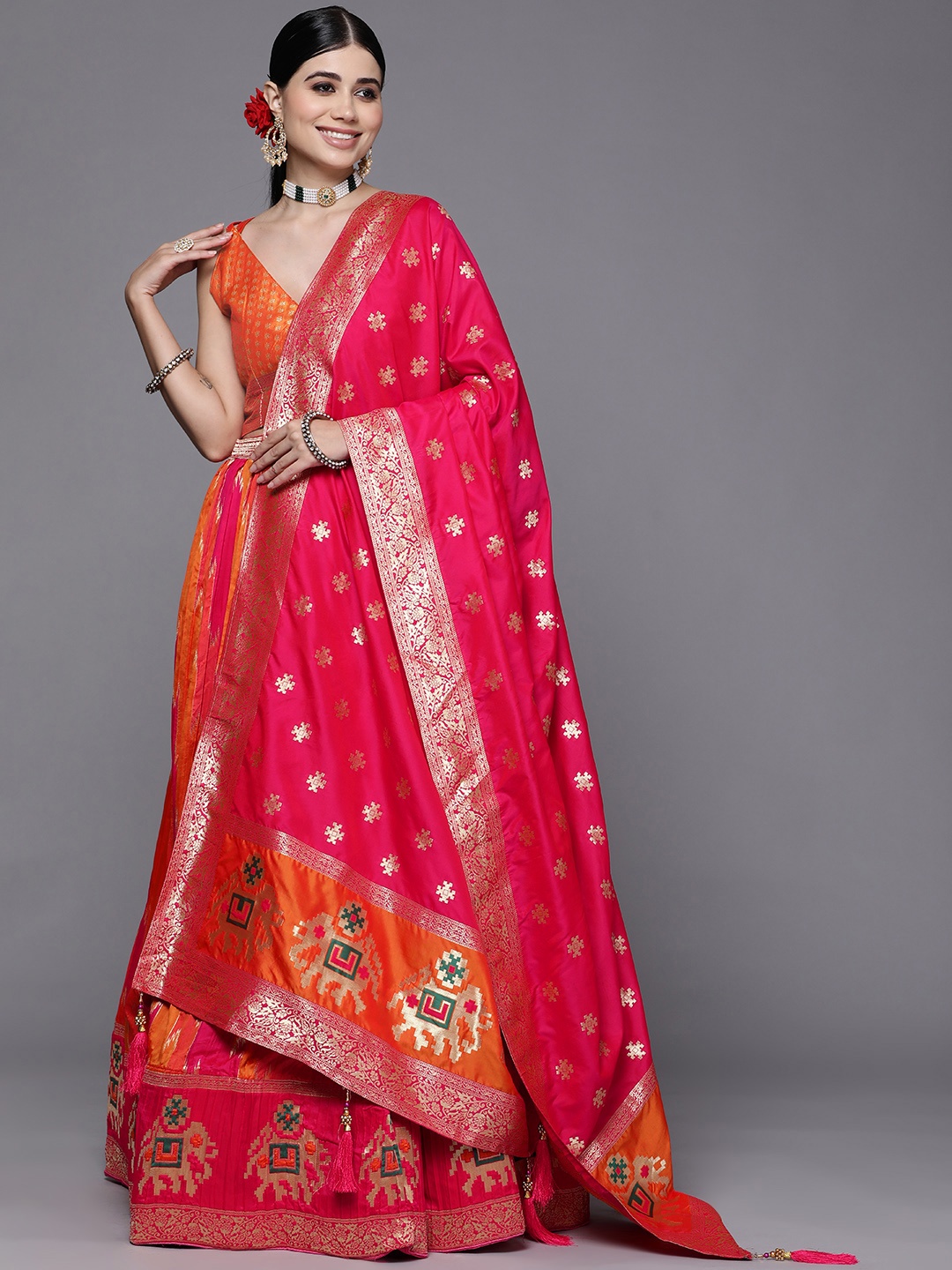 

Mitera Mustard & Multicoloured Semi-Stitched Lehenga & Unstitched Blouse With Dupatta, Orange