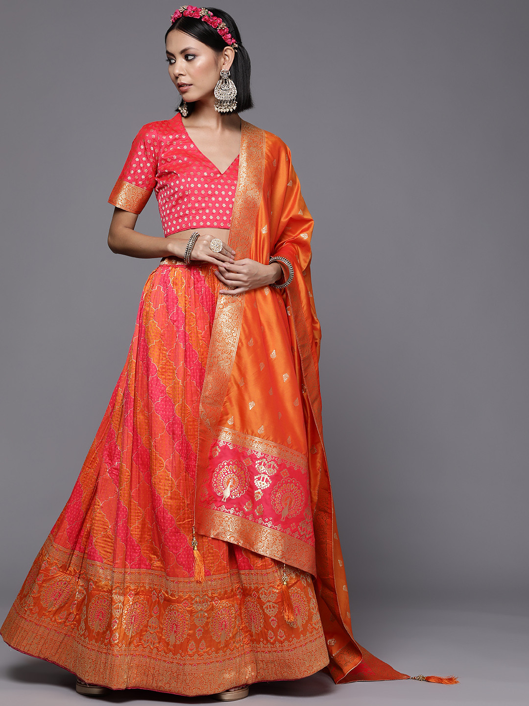 

Mitera Orange & Coral Kalamkari Semi-Stitched Lehenga & Unstitched Blouse With Dupatta