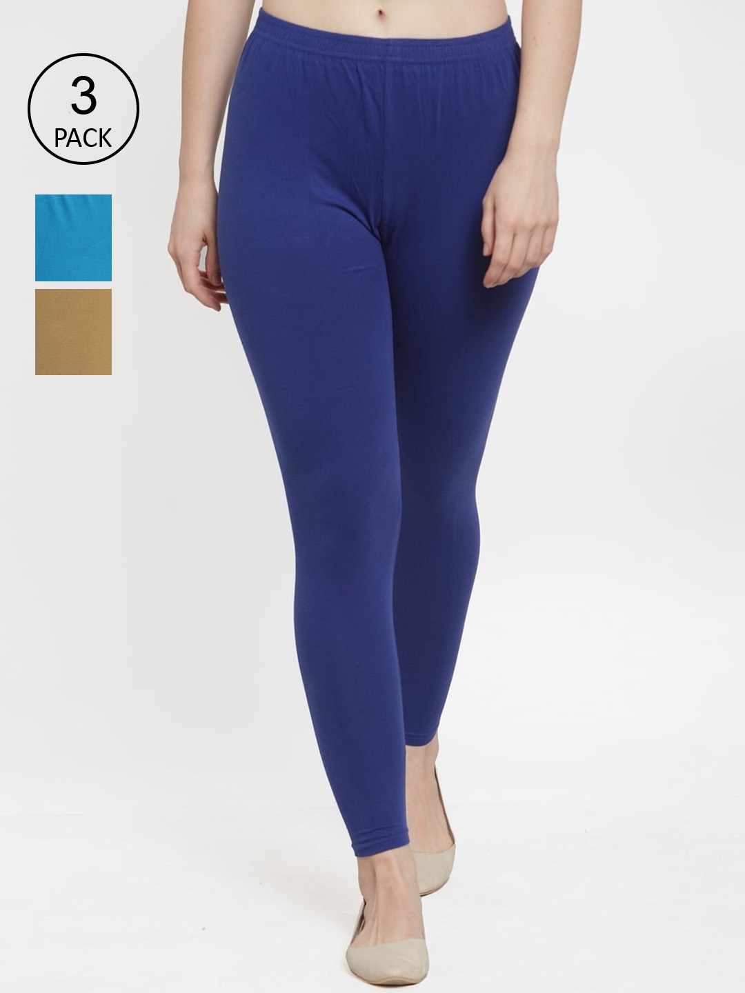 

Jinfo Women Pack Of 3 Navy Blue & Blue Solid Ankle Length Leggings, Beige