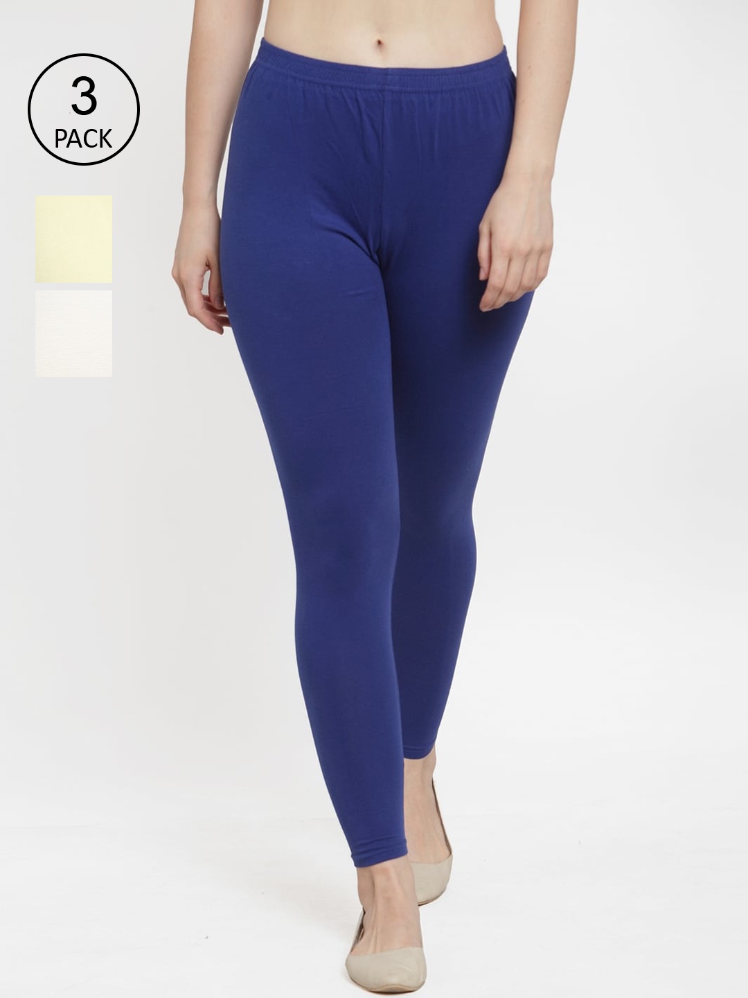 

Jinfo Women Blue Cream-Coloured Off-White Pack Of 3 Solid Ankle-Length Leggings
