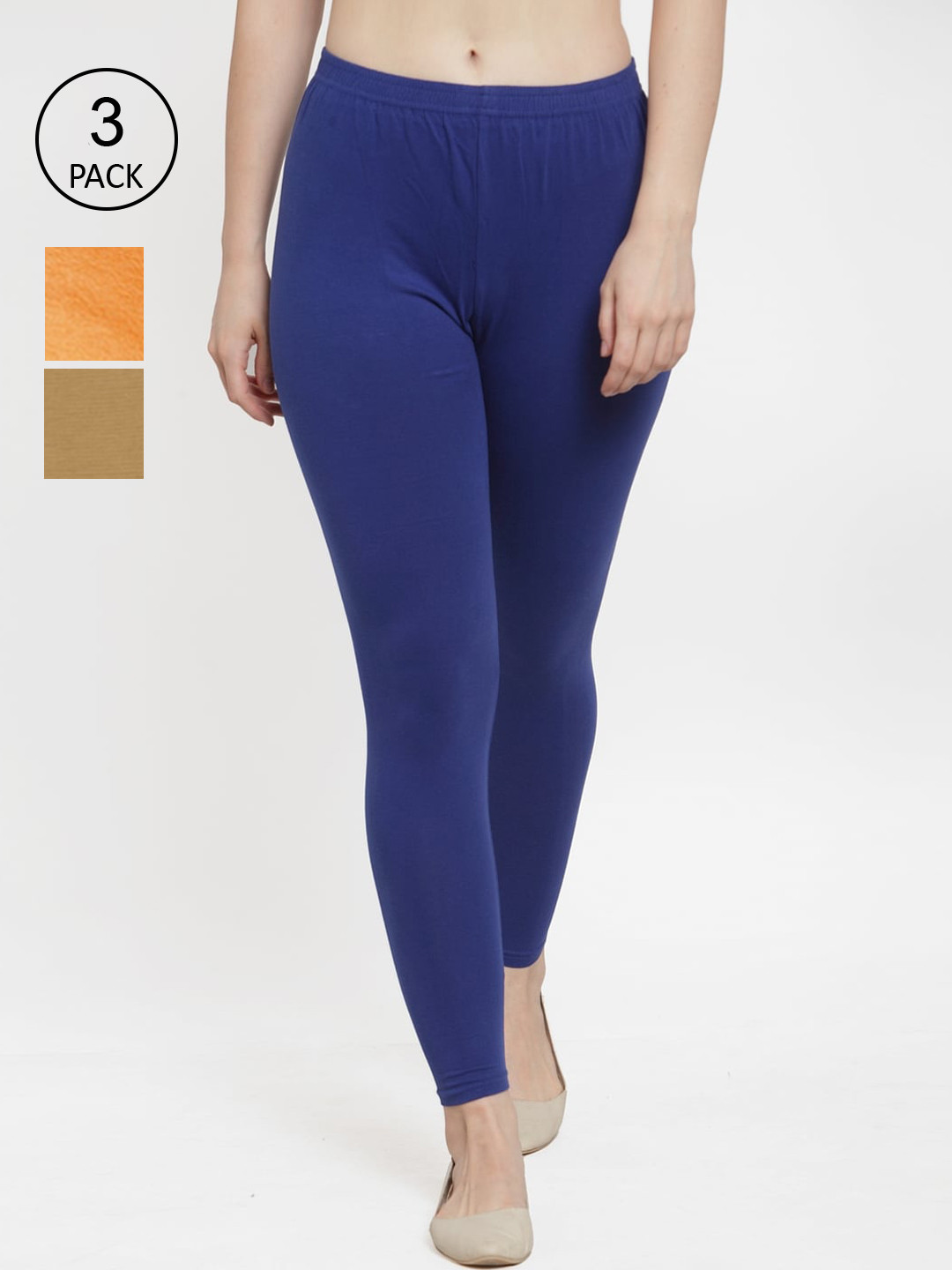 

Jinfo Women Pack Of 3 Blue & Orange Colored Solid Ankle Length Leggings
