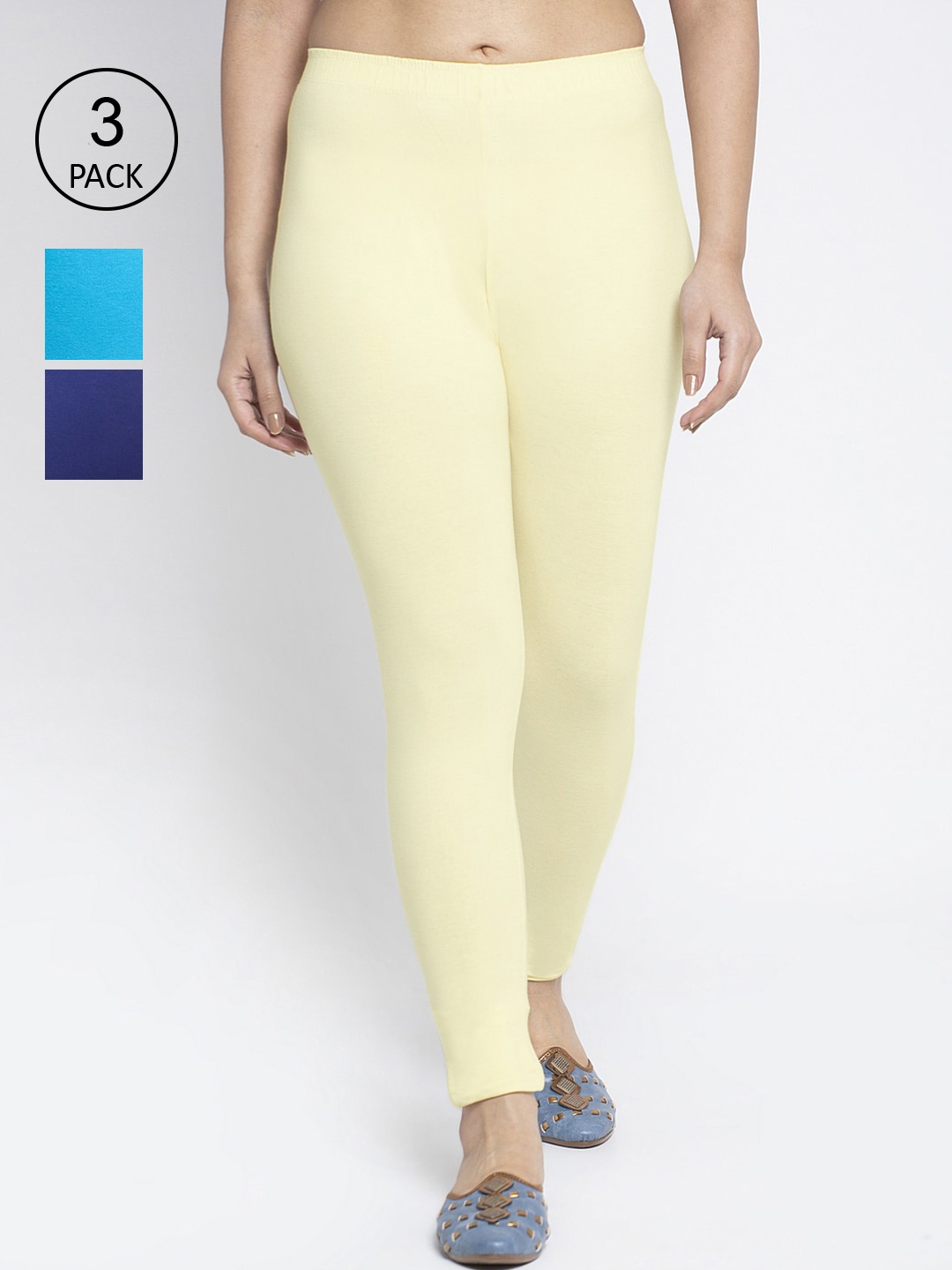 

Jinfo Women Pack of 3 Solid Ankle Length Cotton Leggings, Turquoise blue