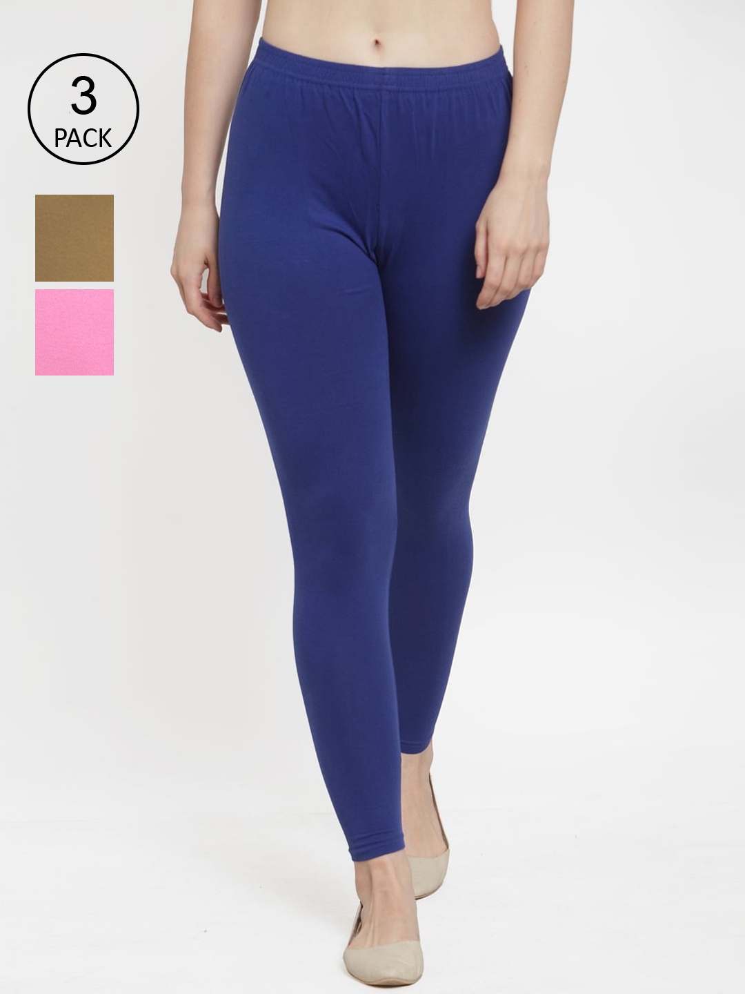 

Jinfo Women Pack of 3 Blue & Pink Solid Cotton Ankle-Length Leggings