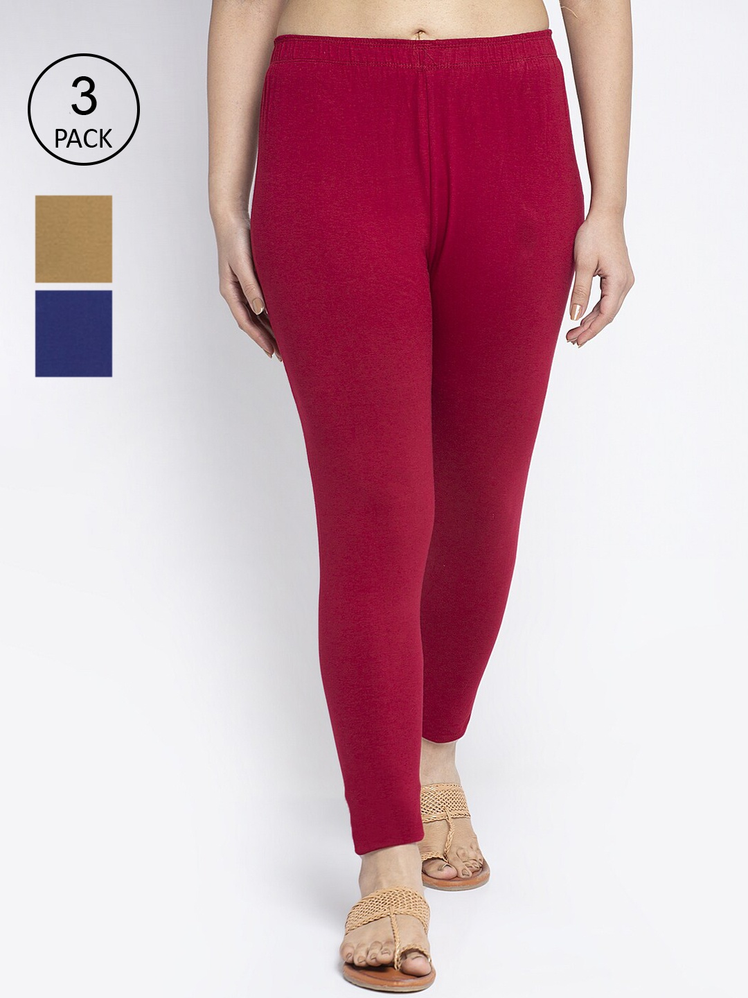 

Jinfo Women Pack Of 3 Blue, Maroon & Skin Solid Ankle-Length Leggings