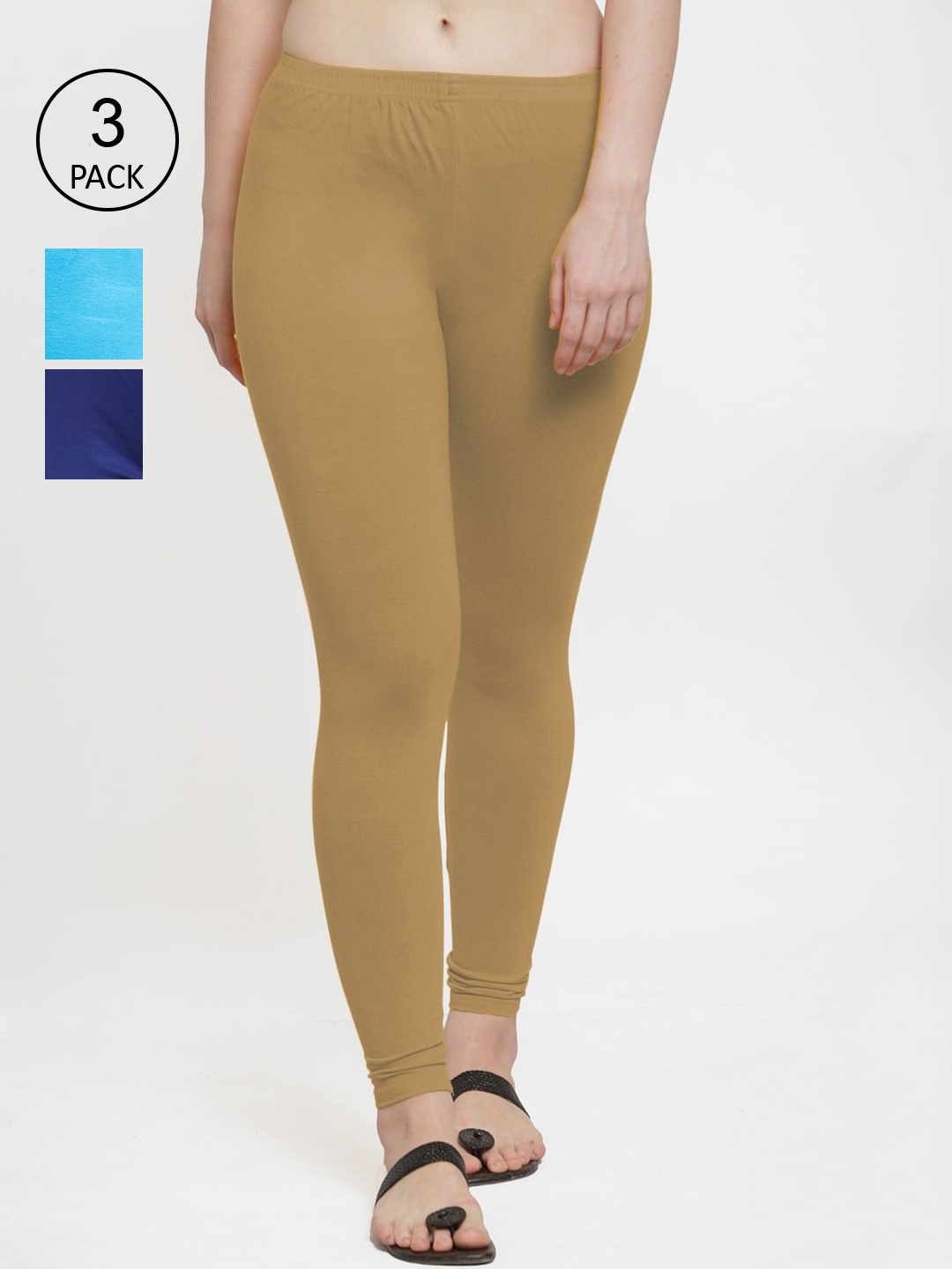 

Jinfo Women Pack Of 3 Blue & Beige Colored Solid Ankle Length Leggings