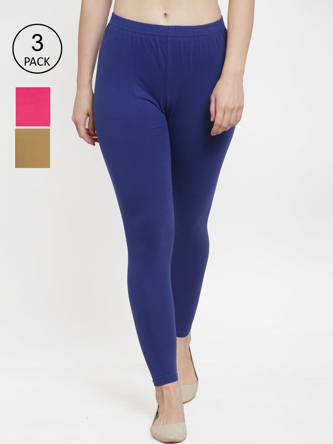 

Jinfo Women Pack Of 3 Blue & Pink Solid Ankle Length Leggings