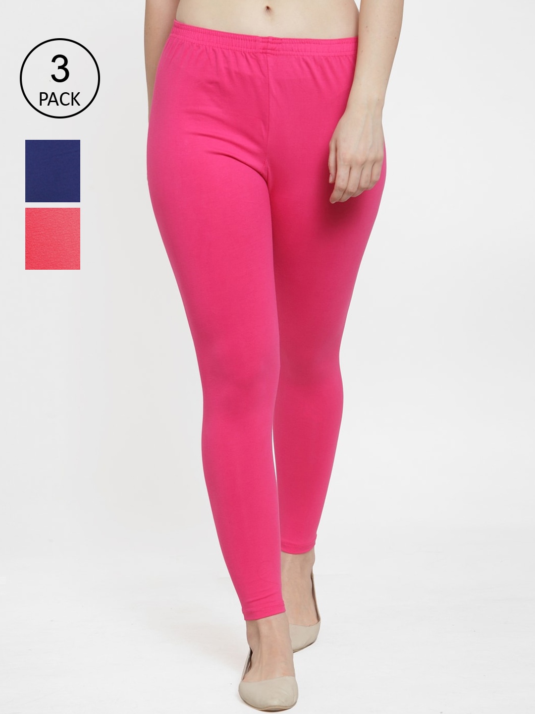 

Jinfo Women Pack of 3 Pink Coral & Navy Blue Ankle Length Cotton Leggings