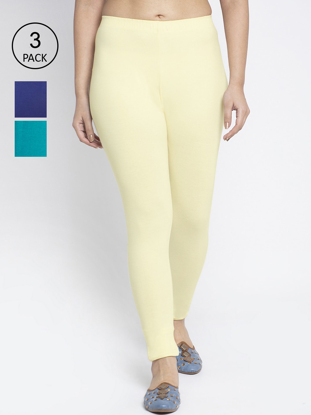 

Jinfo Women Pack Of 3 Blue & Cream Solid Cotton Ankle-Length Leggings