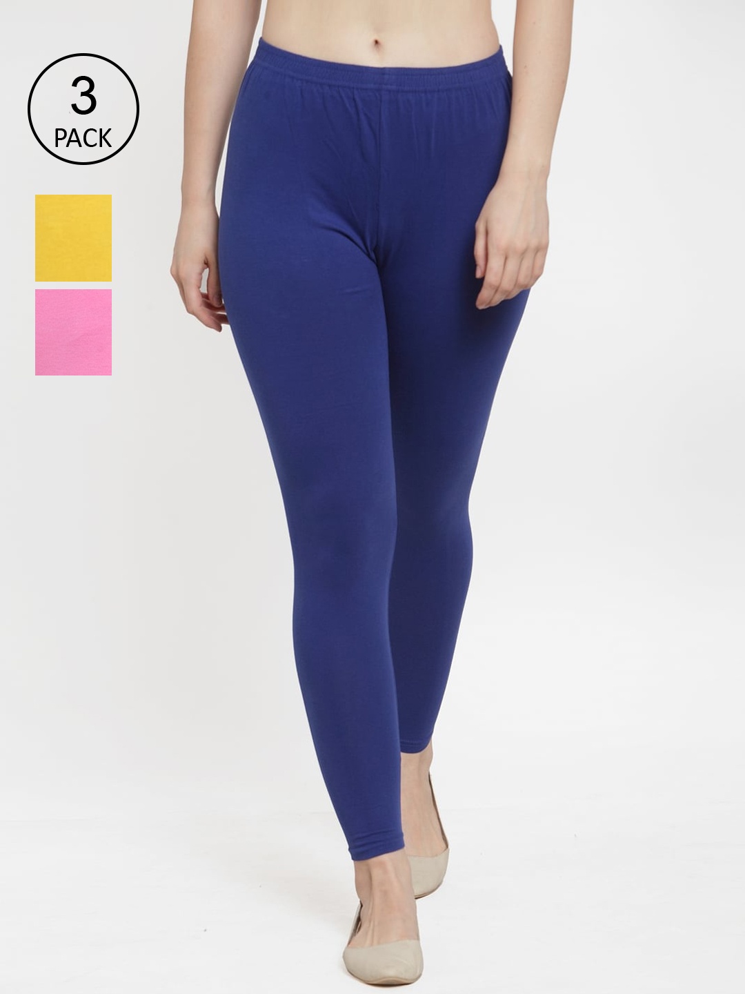 

Jinfo Women Pack Of 3 Blue & yellow Solid Cotton Lycra Ankle Length Leggings