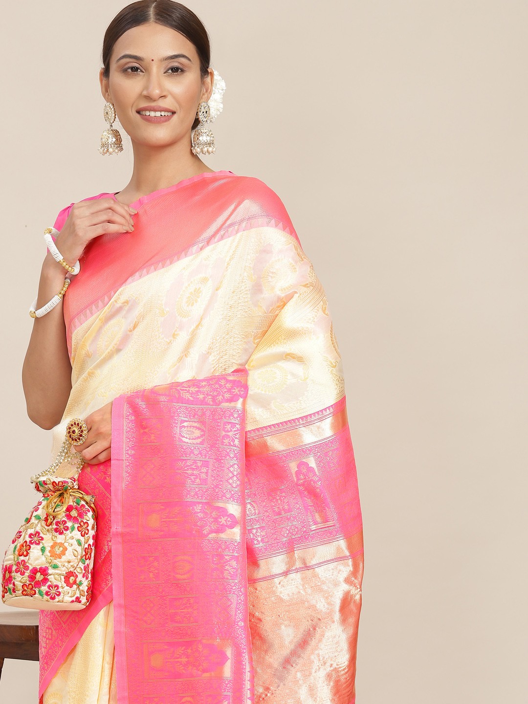 

Mitera Cream-Coloured & Pink Woven Design Zari Georgette Kasavu Saree with Blouse Piece