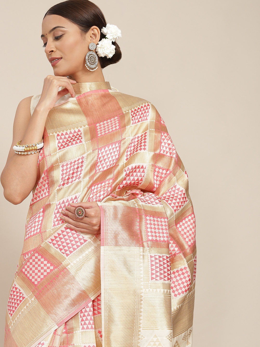 

Mitera Cream-Coloured & Pink Zari Pure Georgette Kasavu Saree with Blouse Piece